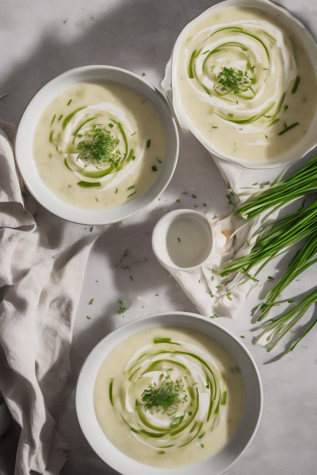 A high-resolution photo of smooth potato leek soup topped with chives and cream swirl, under soft lighting.