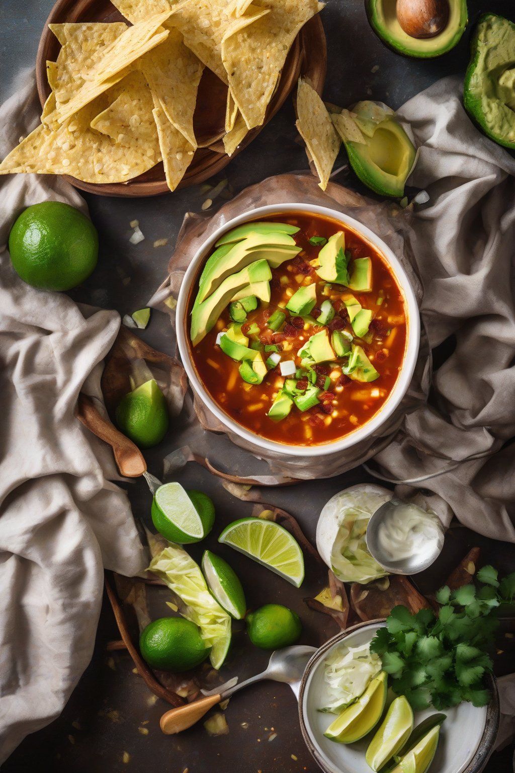 A high-resolution photo of spicy tortilla soup with crushed chips, avocado slices, and lime, bubbling under soft lighting.