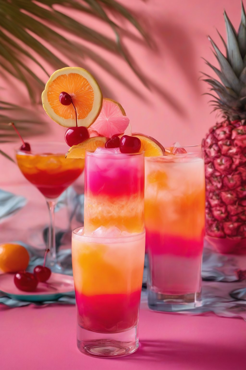 A high-resolution photo of the Tropical Sunrise Mocktail, with vivid orange-pink layers in a tall glass garnished with a cherry, under soft lighting.