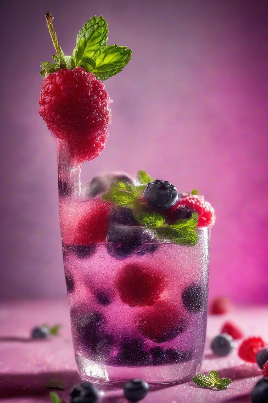 A high-resolution photo of the Berry Blast Fizz, purple berries fizzing in a clear glass with mint sprig, under soft lighting.
