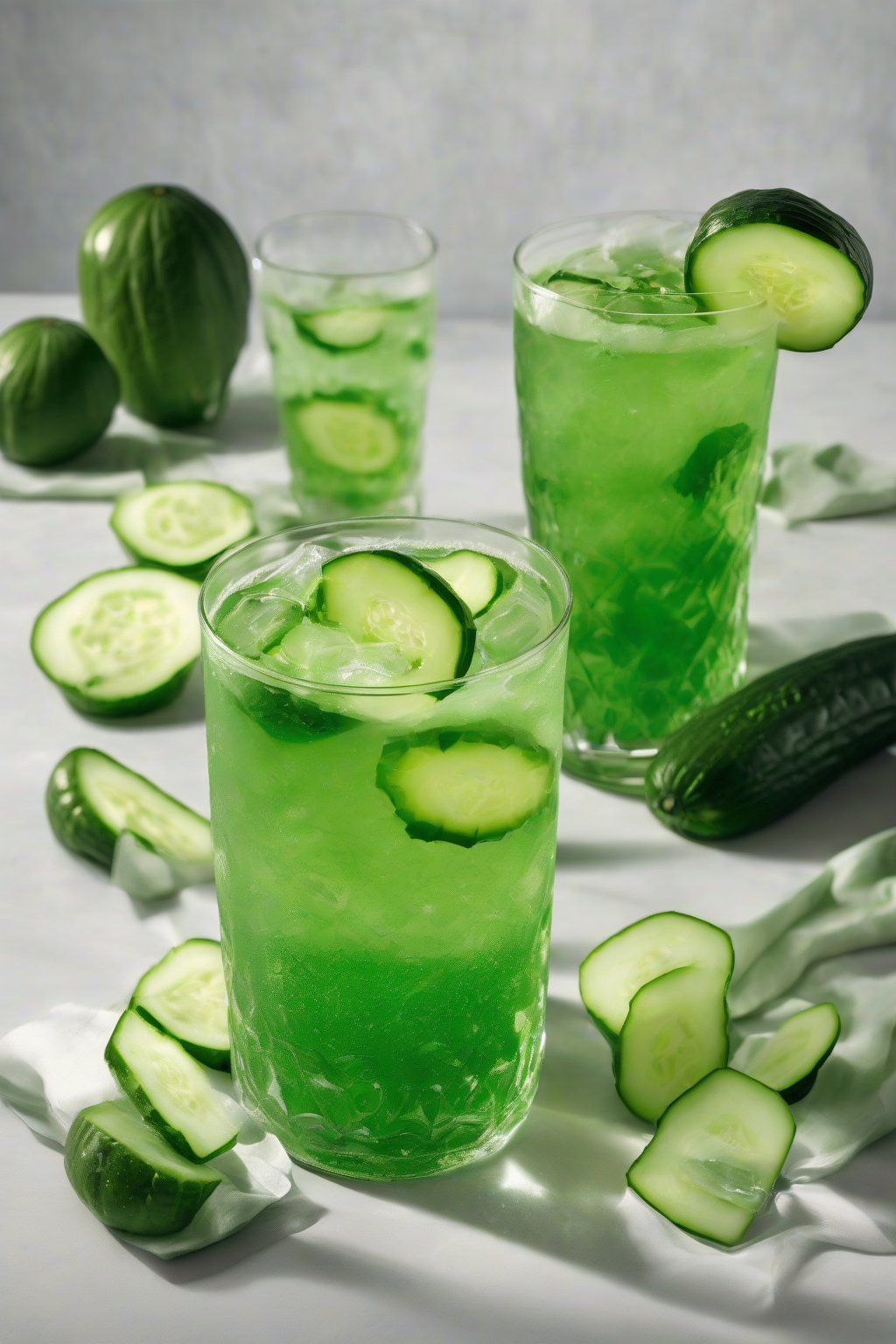 A high-resolution photo of the Green Goddess Refresher, bright green elixir with cucumber slices in a chilled glass, under soft lighting.