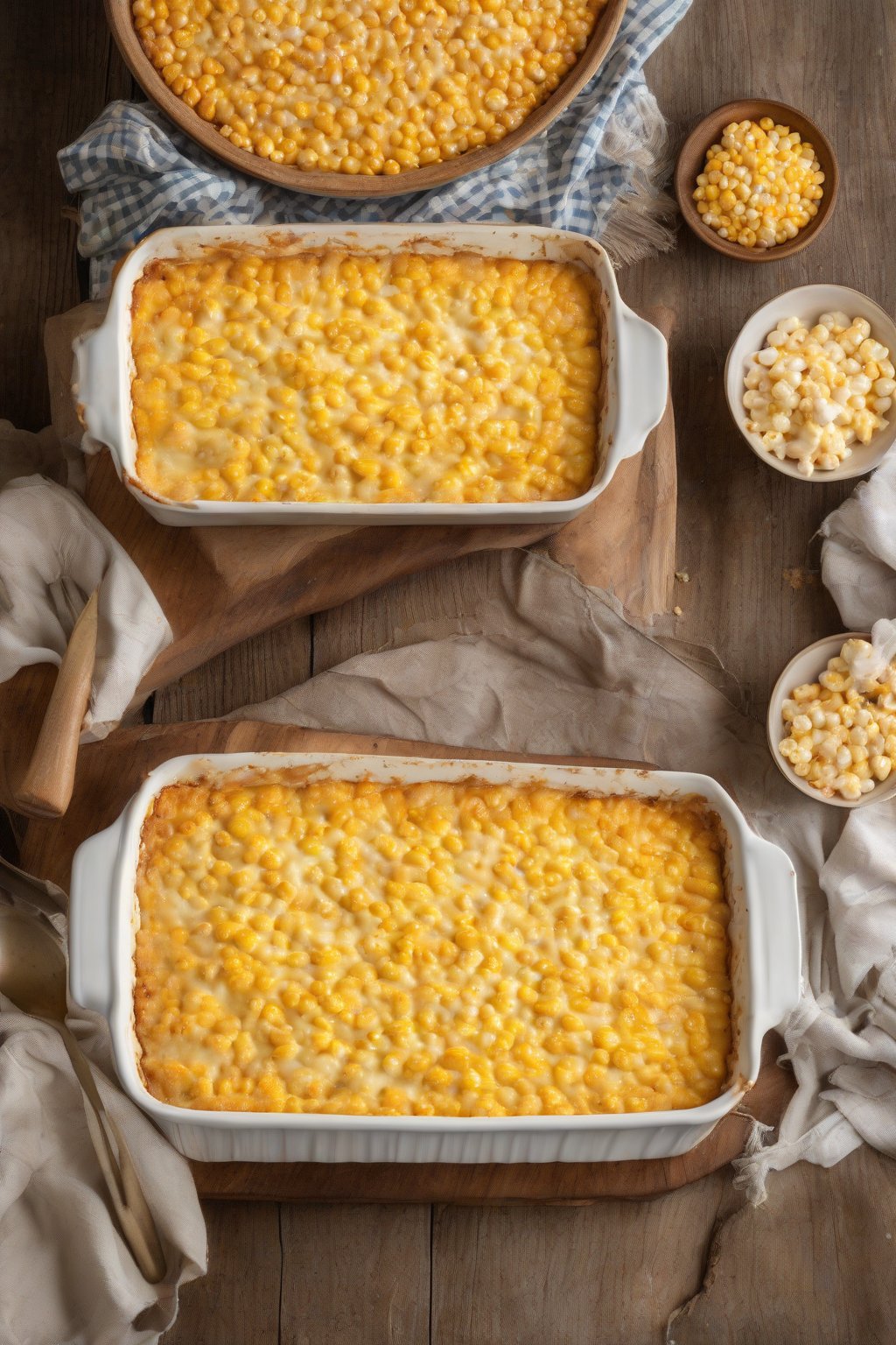 A high-resolution photo of cheesy sweet kernel cream corn bake fresh from the oven, cheese melted and browned on top under soft lighting.