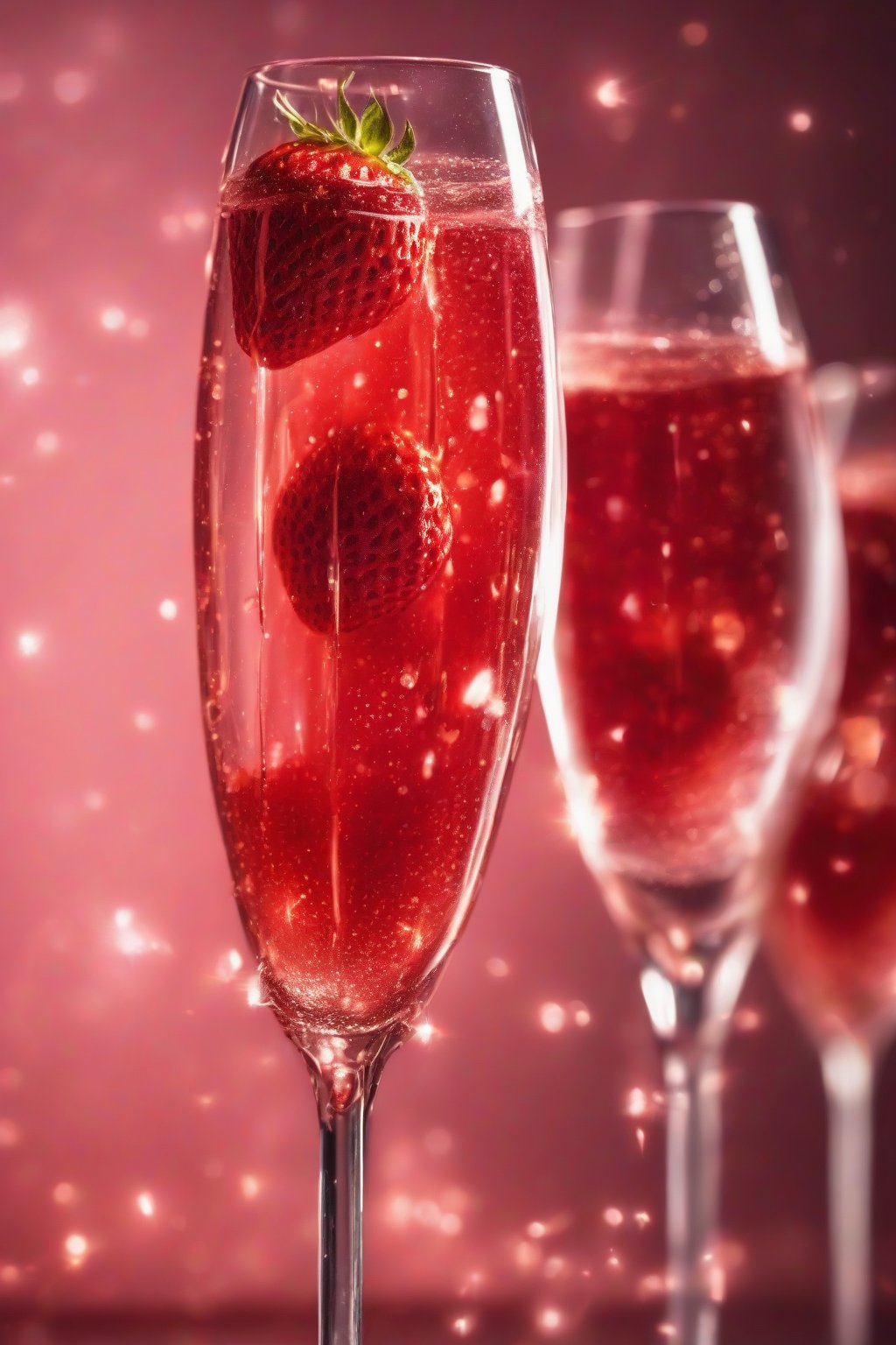 A high-resolution photo of the Fiery Red Strawberry Sparkler, ruby red in a champagne flute bubbling gently, under soft lighting.