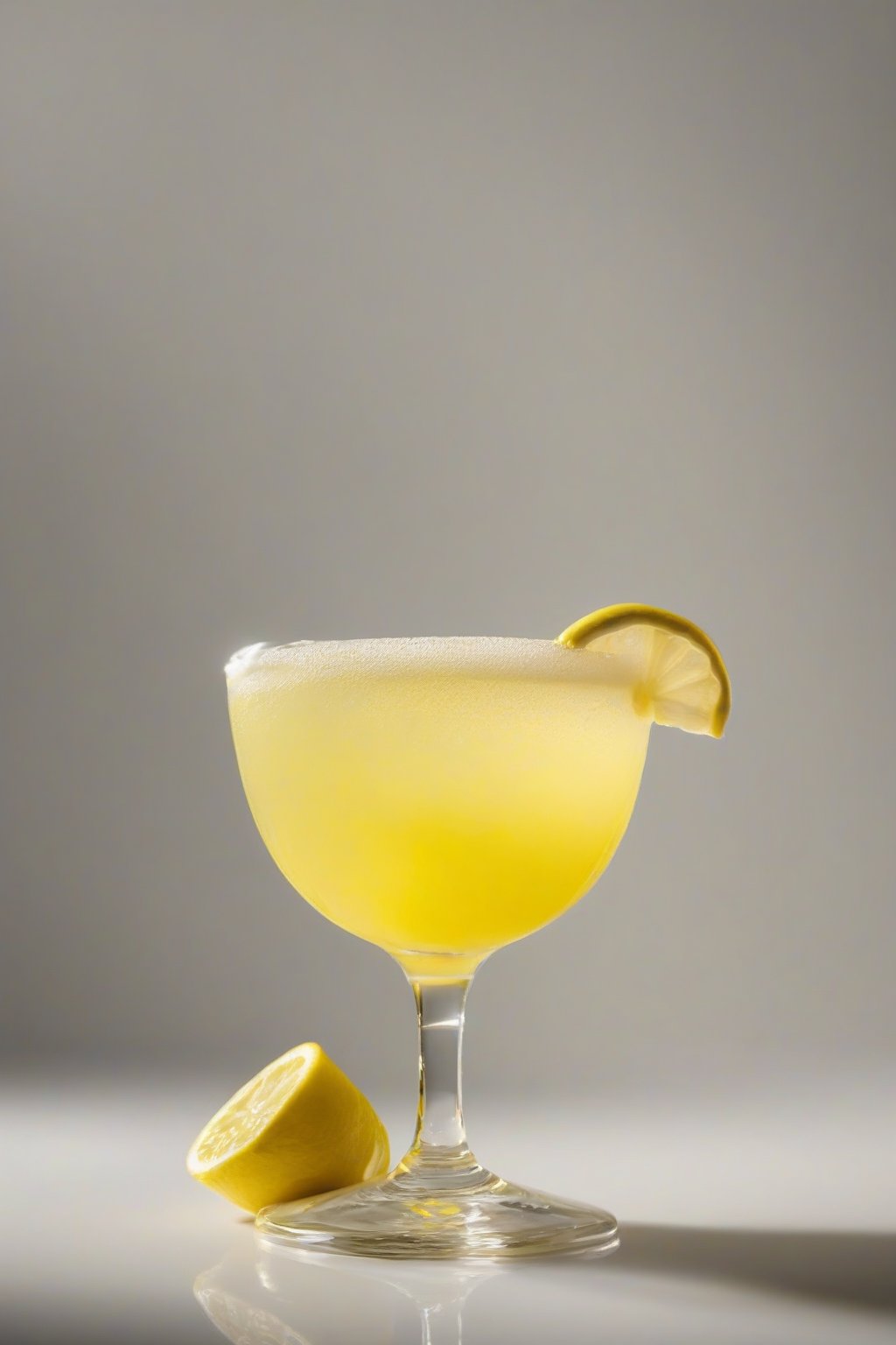 A high-resolution photo of the Golden Ginger Lemon Drop, glowing yellow fizz with lemon twist, under soft lighting.