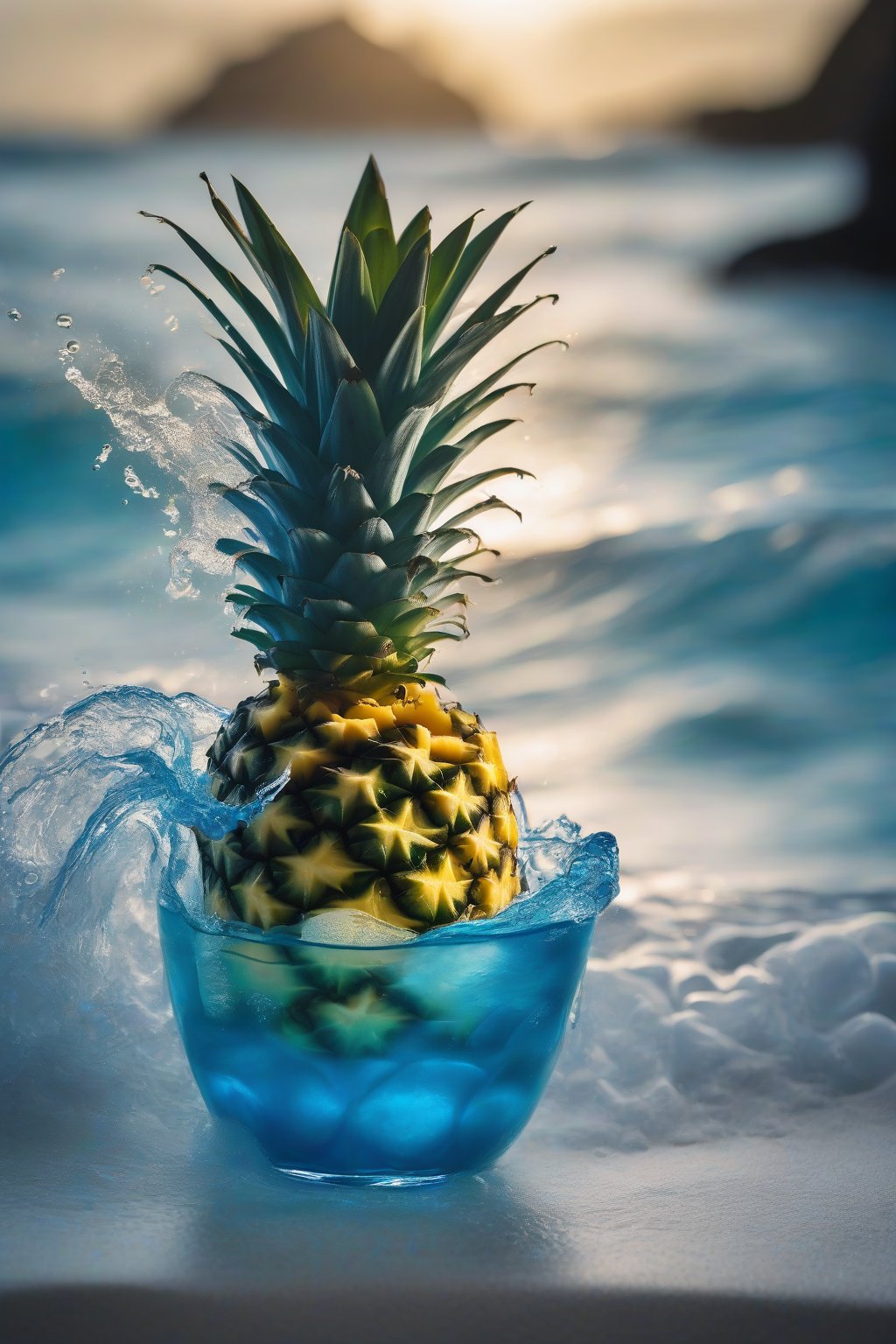 A high-resolution photo of the Blue Lagoon Breeze, vibrant blue waves with pineapple garnish, under soft lighting.