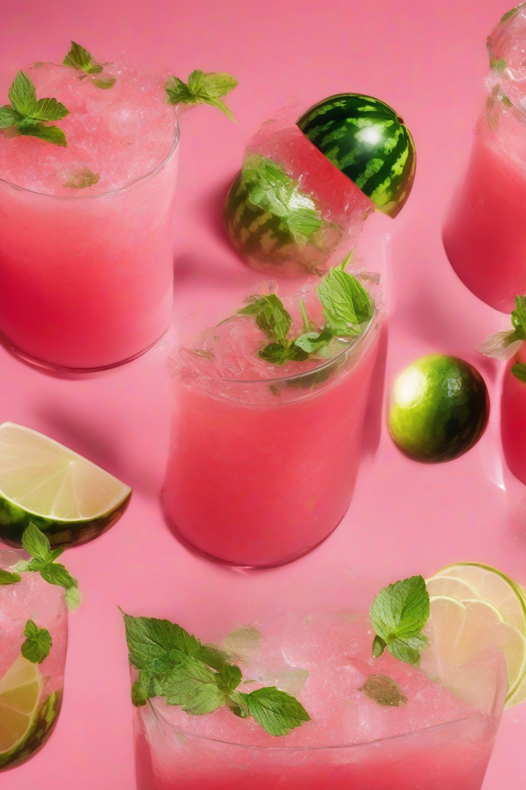 A high-resolution photo of the Minty Watermelon Crush, pink juice with mint leaves and lime, under soft lighting.