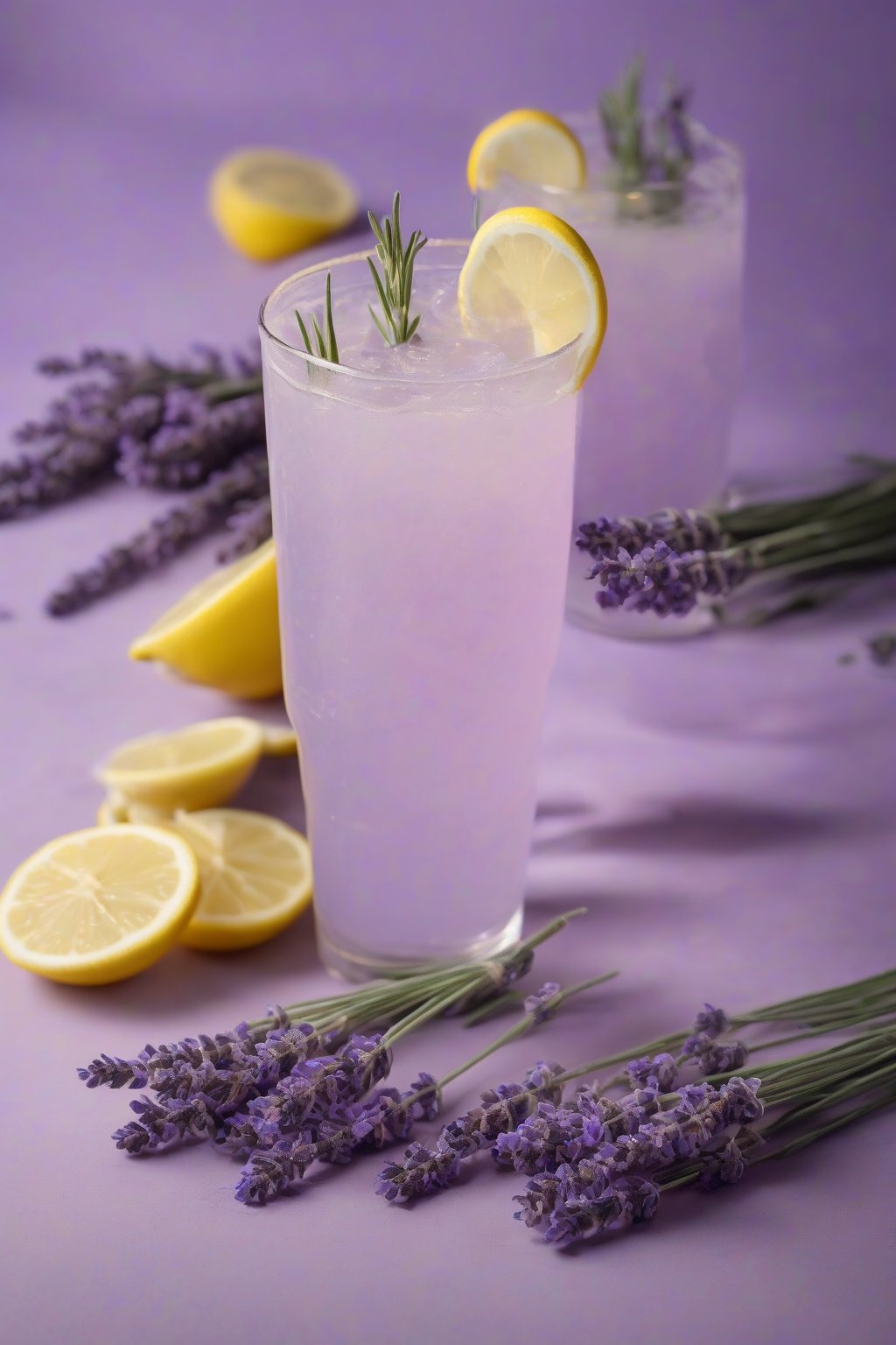 A high-resolution photo of the Lavender Fields Lemonade, pale purple fizz with herbs, under soft lighting.