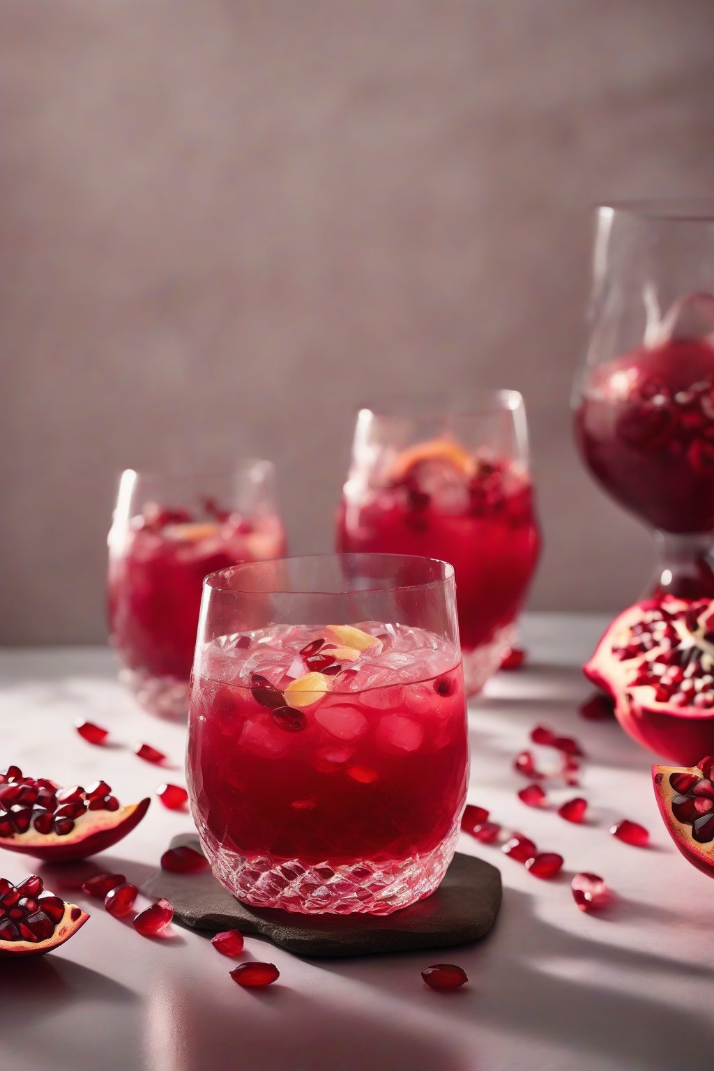 A high-resolution photo of the Pomegranate Paradise Punch, rich red in a rocks glass with seeds, under soft lighting.