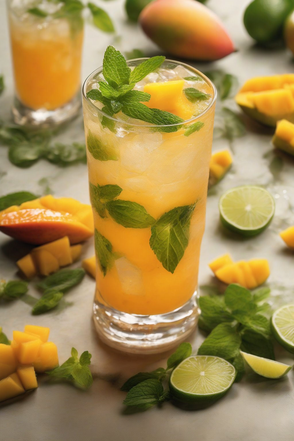 A high-resolution photo of the Mango Madness Mojito, orange hues with mint garnish fizzing, under soft lighting.