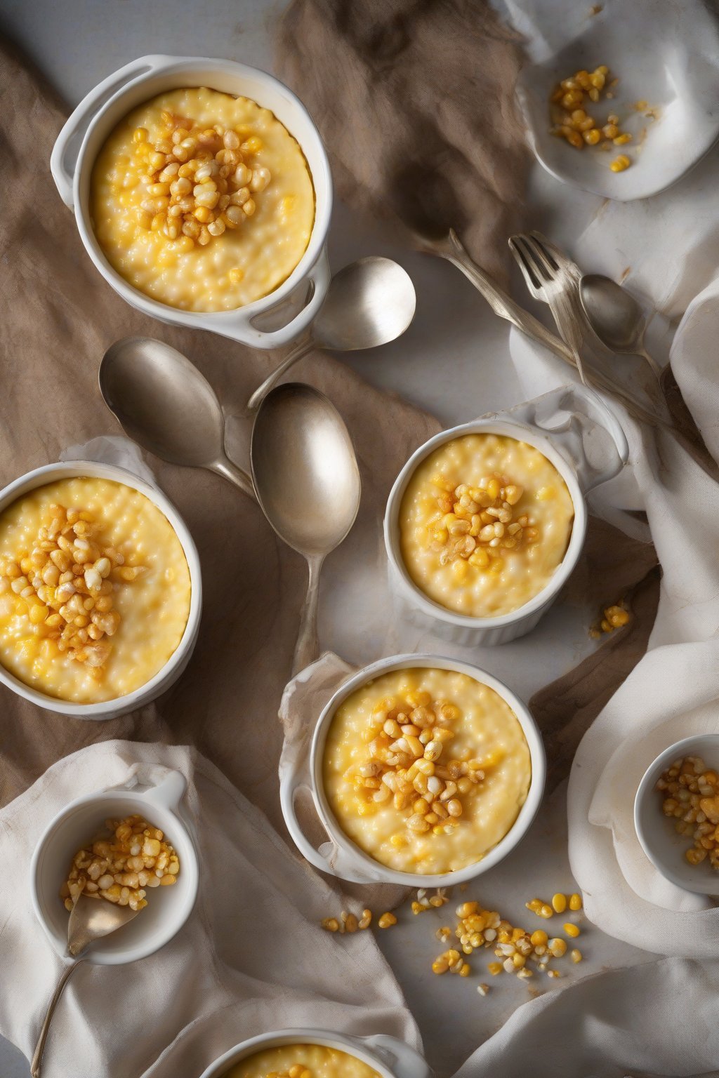 A high-resolution photo of sweet kernel cream corn pudding in ramekins, smooth and dotted with kernels under soft lighting.