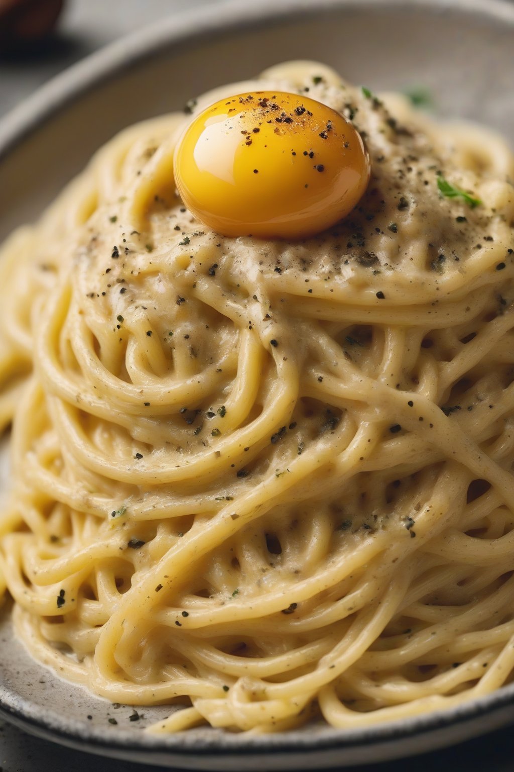 A high-resolution photo of steaming classic Roman carbonara with golden egg sauce clinging to twirled spaghetti, topped with cracked pepper, under soft lighting.