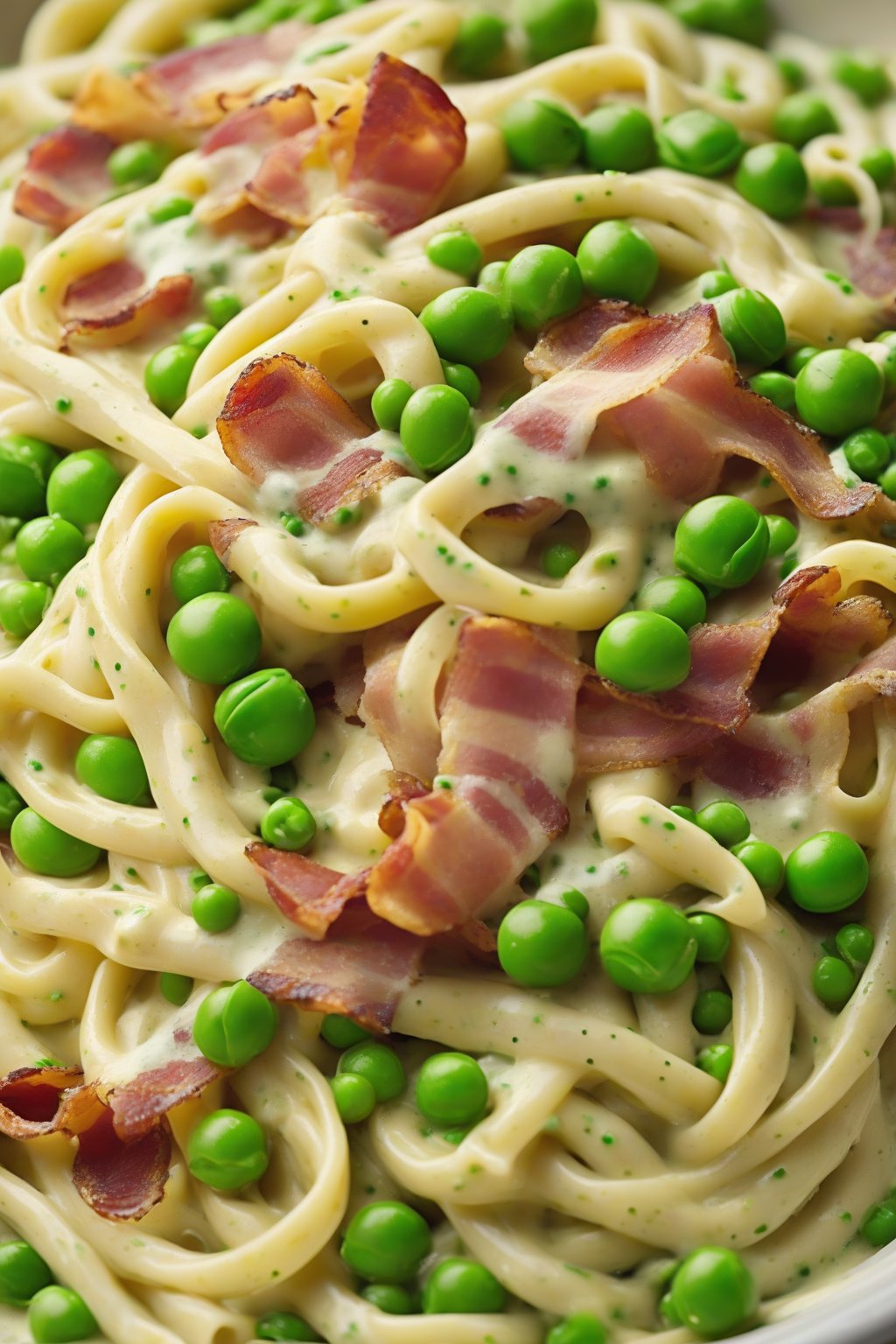 A high-resolution photo of bacon and pea carbonara with vibrant green peas dotting creamy white sauce on twisted linguine, under soft lighting.