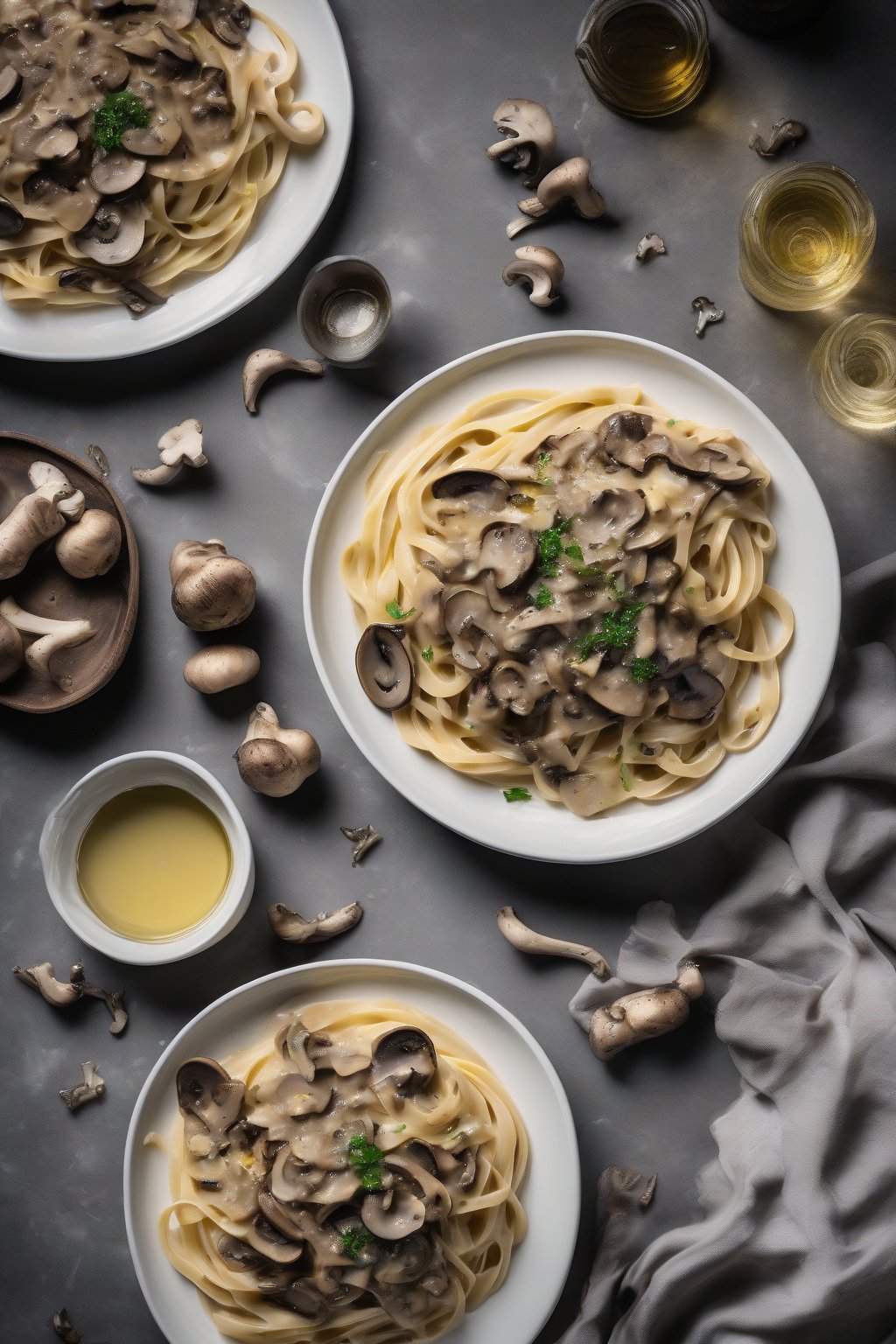 A high-resolution photo of mushroom and truffle carbonara with sliced wild mushrooms in glossy sauce over wide fettuccine, drizzled with oil, under soft lighting.