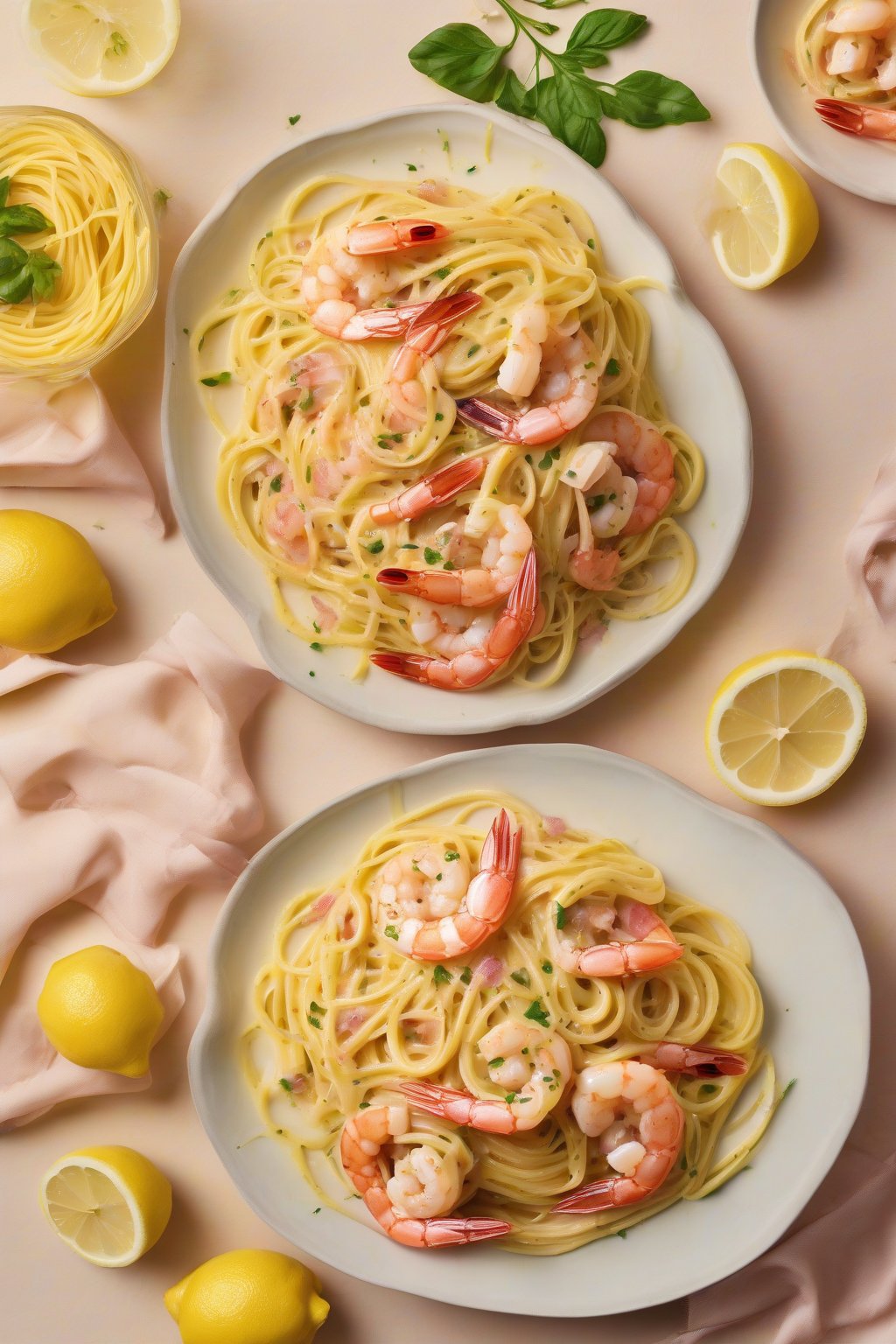 A high-resolution photo of shrimp and lemon carbonara with pink shrimp atop sunny yellow-sauced spaghetti, lemon twists garnish, under soft lighting.