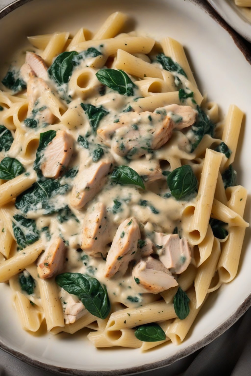 A high-resolution photo of chicken and spinach carbonara with tender chicken chunks and dark green leaves in creamy sauce on penne, under soft lighting.