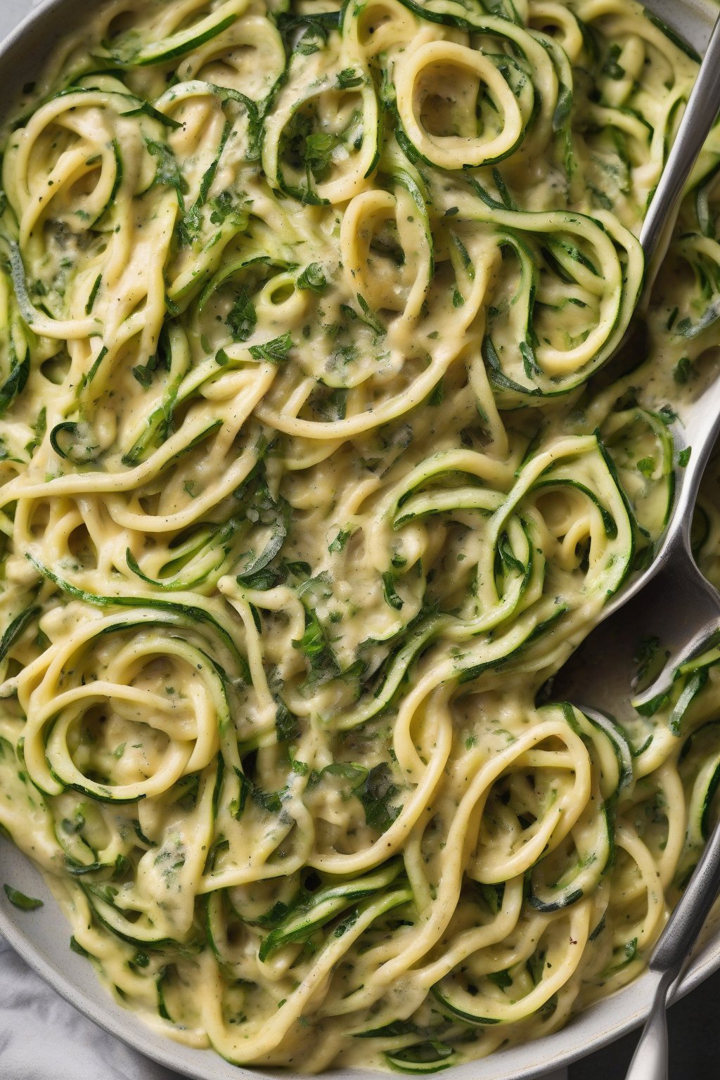 A high-resolution photo of vegetarian zucchini carbonara with green zoodles coated in creamy sauce and herb flecks, under soft lighting.