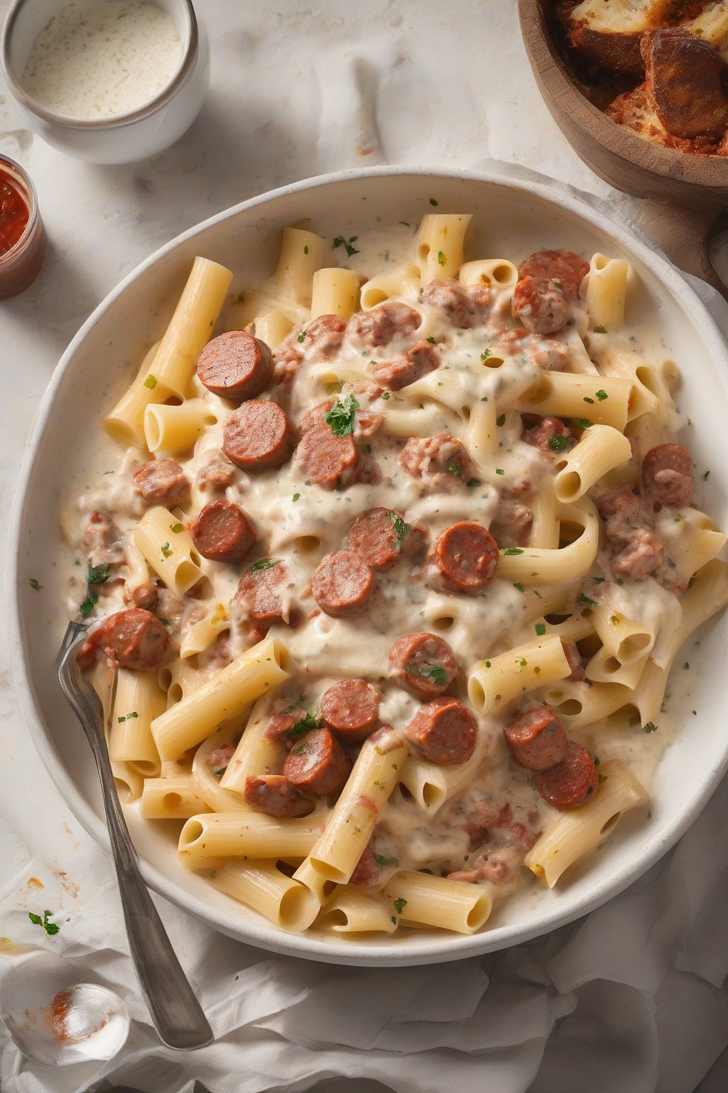 A high-resolution photo of spicy sausage carbonara with red-flecked chunks in thick white sauce over chunky rigatoni, under soft lighting.