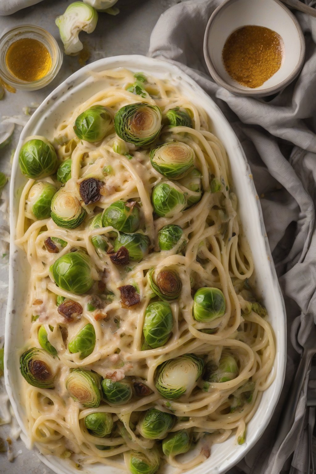 A high-resolution photo of Brussels sprouts carbonara with caramelized halved sprouts nestled in creamy sauce on spaghetti, under soft lighting.