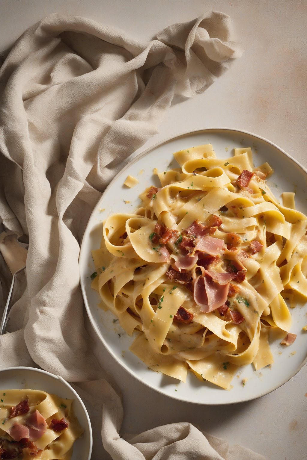 A high-resolution photo of pumpkin carbonara with orange-tinged creamy sauce swirling around wide pappardelle and pancetta, under soft lighting.