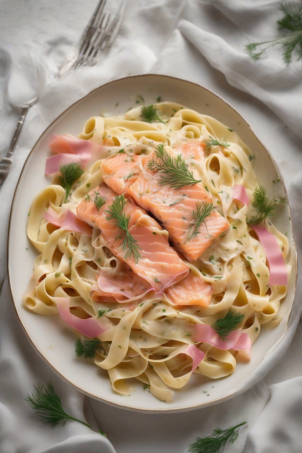 A high-resolution photo of smoked salmon carbonara with pink salmon ribbons in pale sauce on silky tagliatelle, dill sprigs atop, under soft lighting.