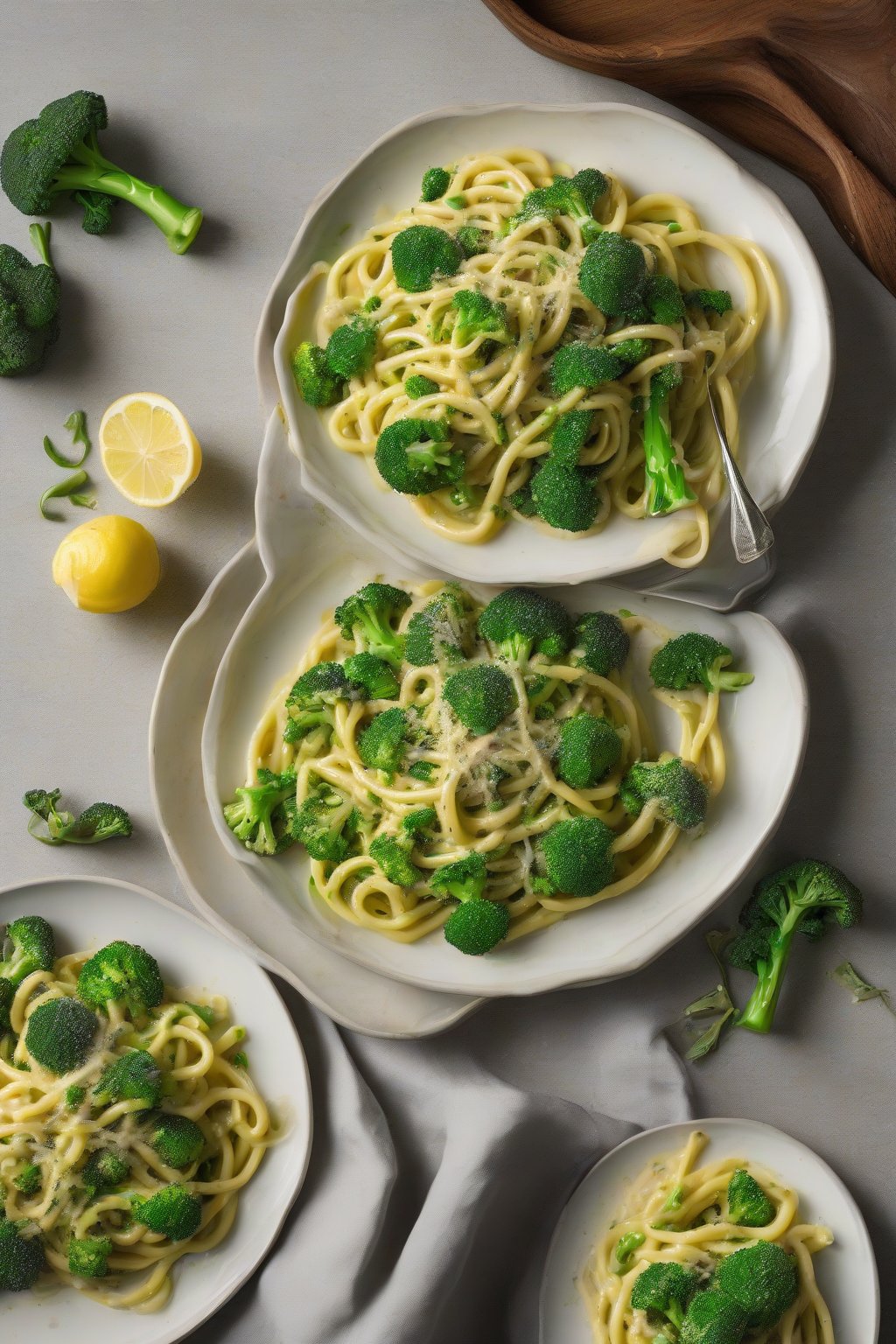 A high-resolution photo of broccoli and lemon carbonara with bright green florets in zesty sauce coating thick bucatini, under soft lighting.