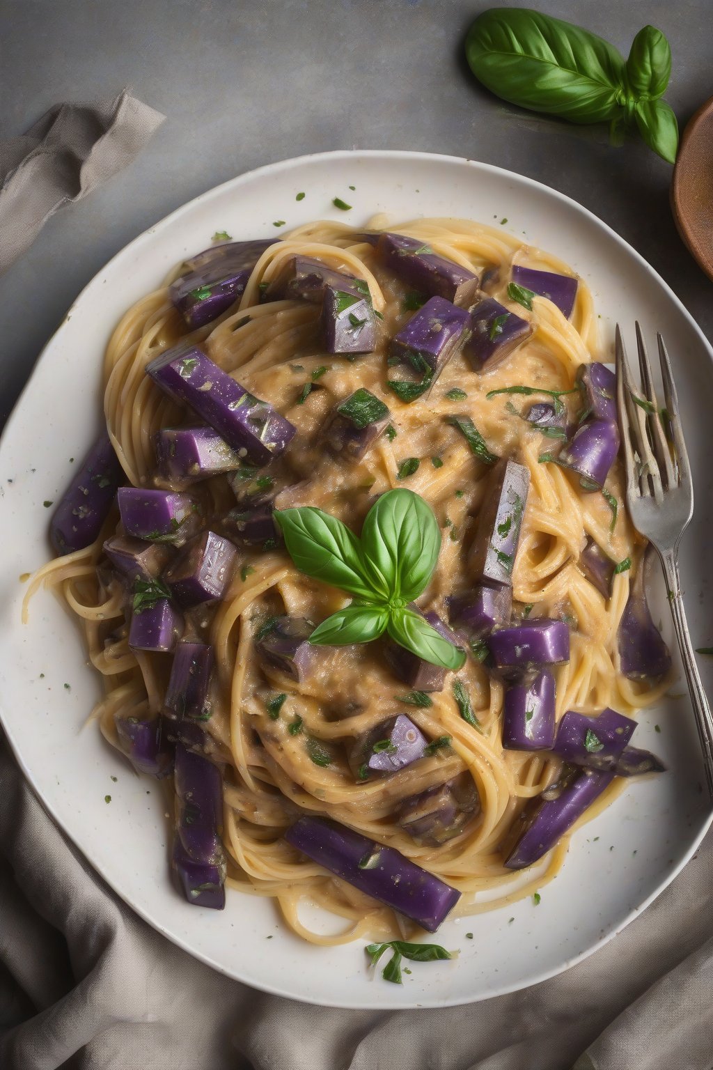 A high-resolution photo of eggplant carbonara with charred purple dice in velvety sauce over spaghetti strands, basil leaves, under soft lighting.