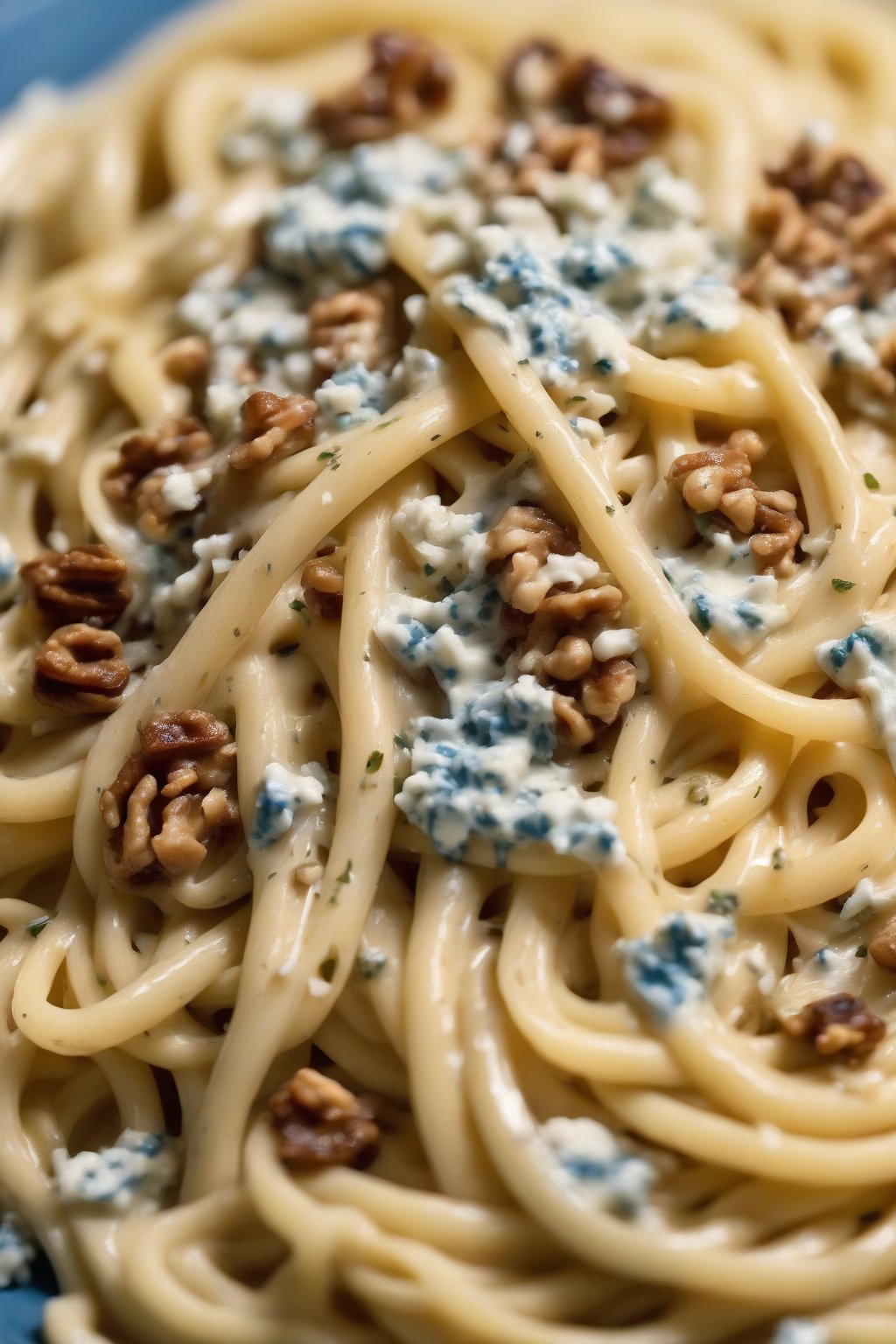 A high-resolution photo of gorgonzola carbonara with crumbled blue cheese veins in rich sauce on linguine, walnut crunch, under soft lighting.
