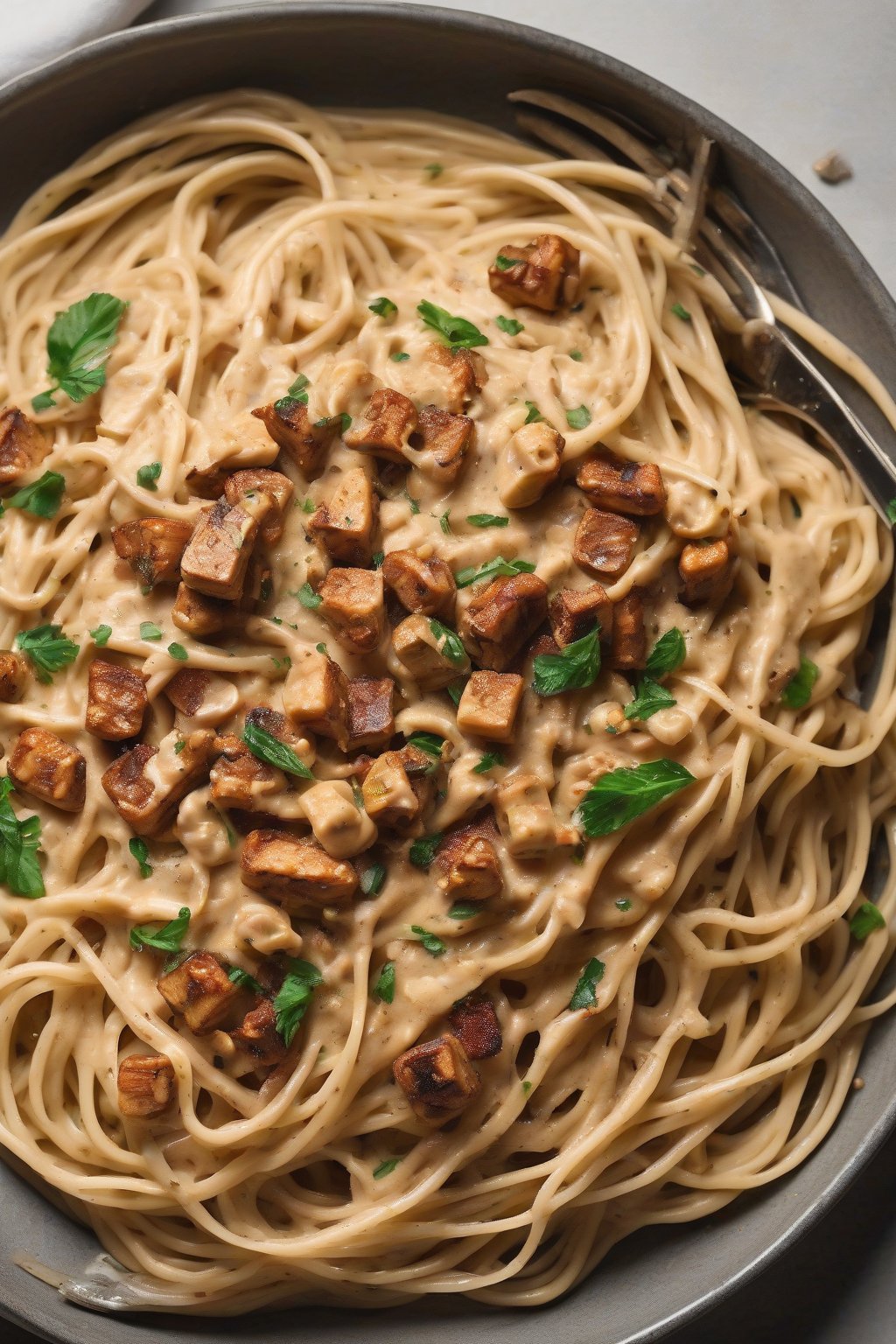 A high-resolution photo of vegan cashew carbonara with smooth beige sauce on spaghetti, smoky tempeh bits scattered, under soft lighting.