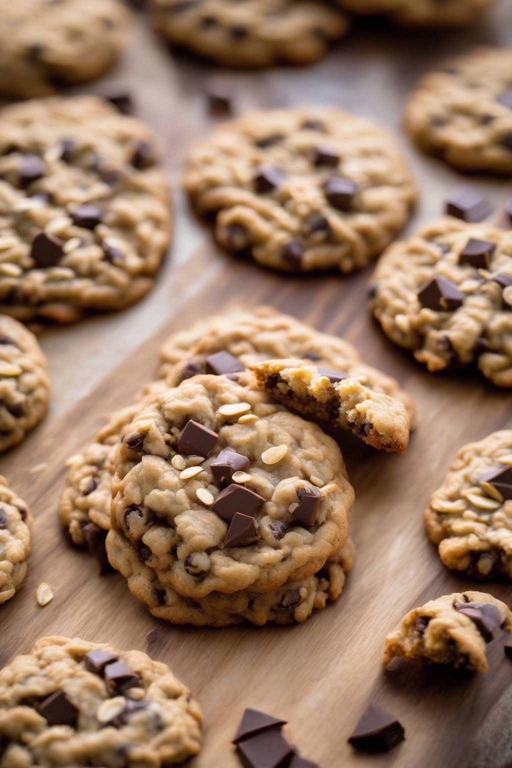 A high-resolution photo of classic chewy oatmeal chocolate chip cookies stacked on a wooden board under soft lighting.
