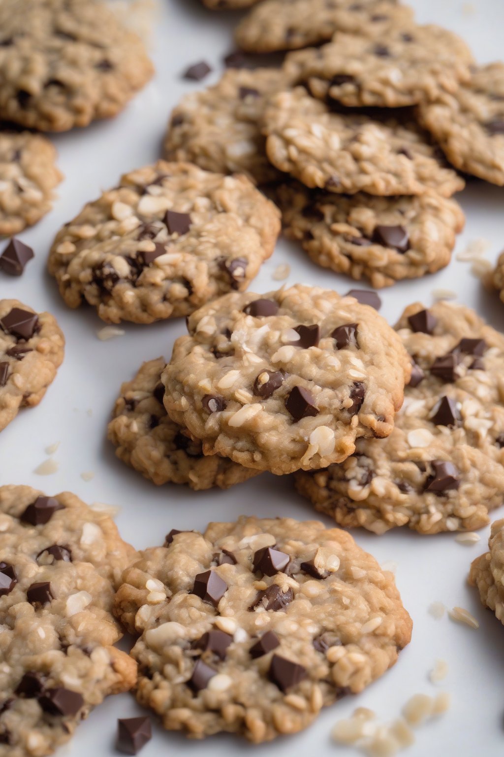 A high-resolution photo of coconut-studded chewy oatmeal chocolate chip cookies on a white plate under soft lighting.