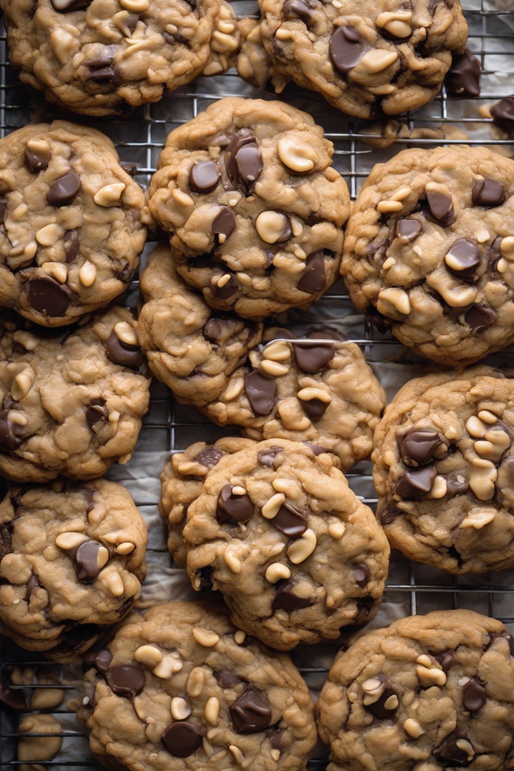 A high-resolution photo of peanut butter swirl chewy oatmeal chocolate chip cookies cooling on a rack under soft lighting.