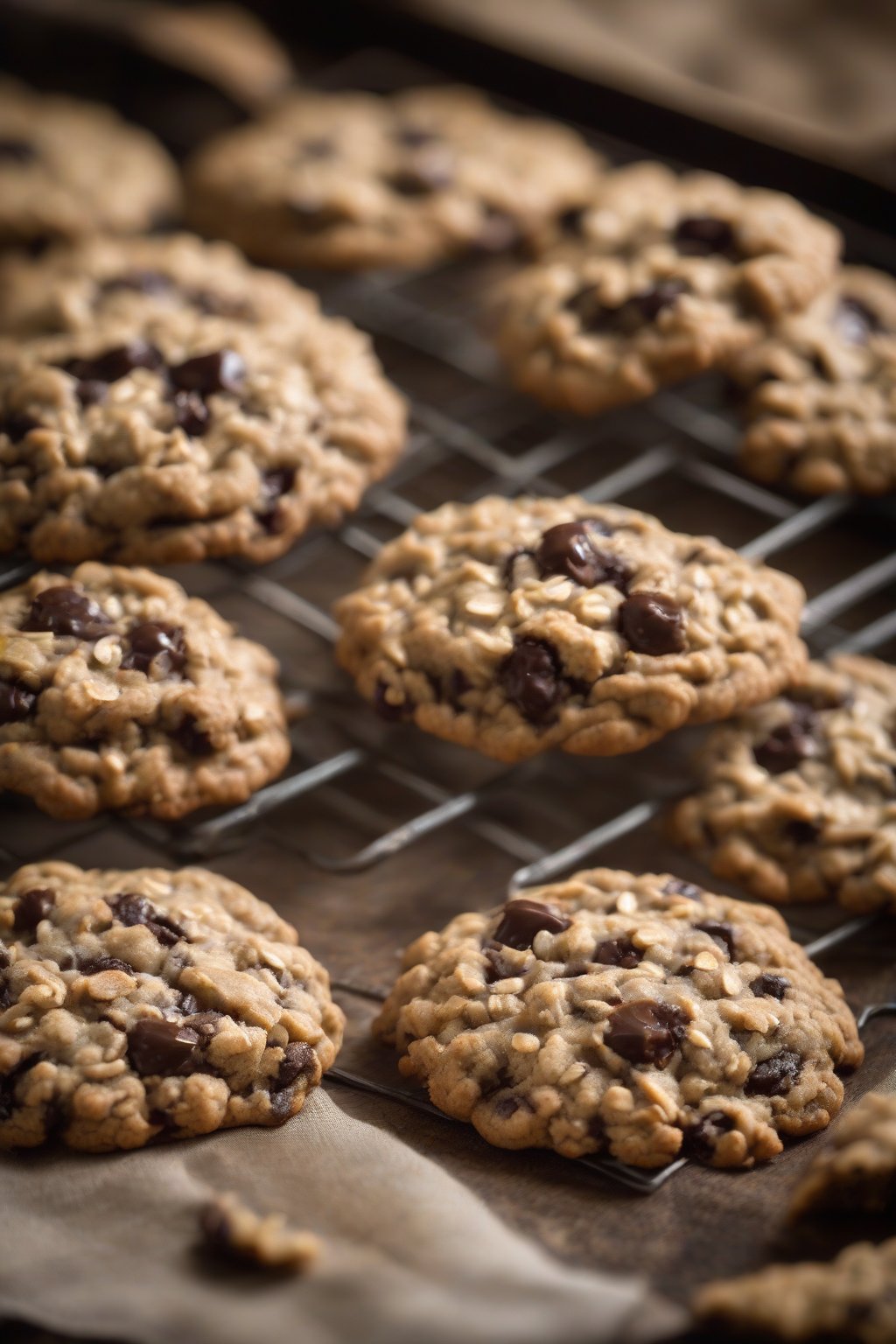 A high-resolution photo of raisin-filled chewy oatmeal chocolate chip cookies in a rustic tin under soft lighting.