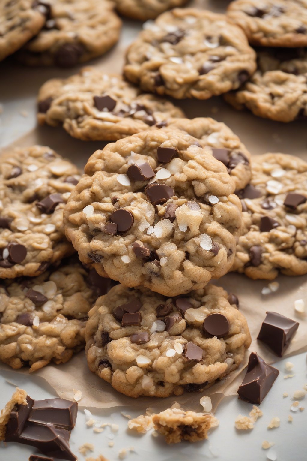 A high-resolution photo of sea salt-flecked chewy oatmeal chocolate chip cookies with melty chips under soft lighting.
