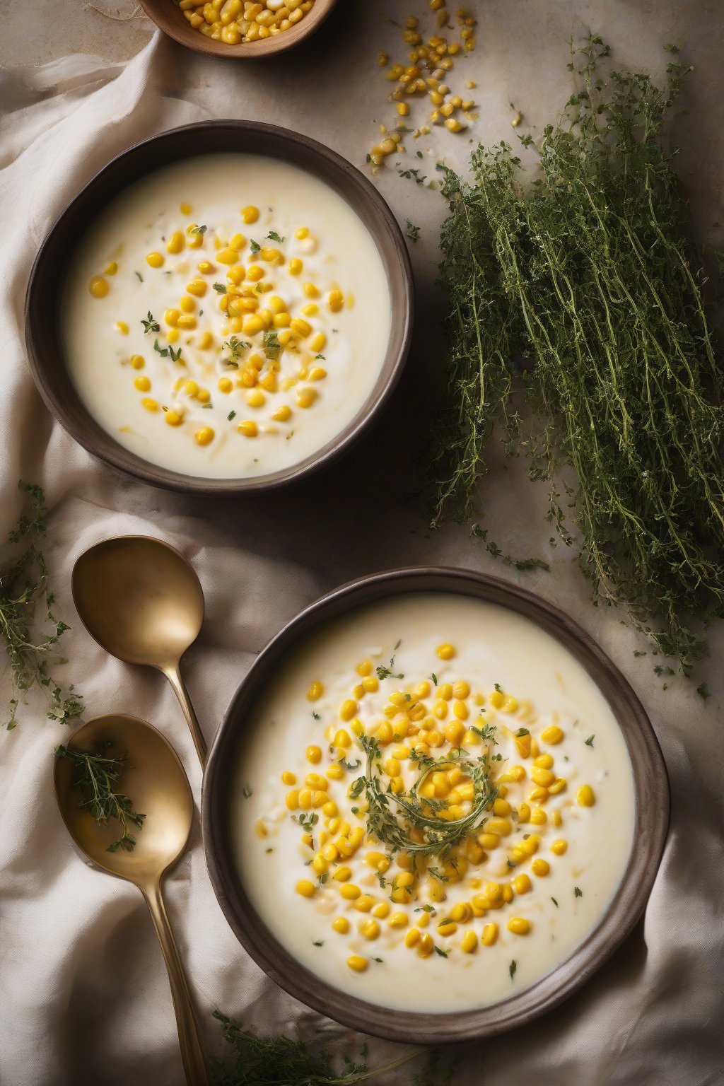 A high-resolution photo of sweet kernel cream corn soup in a bowl, swirled with cream and thyme sprigs under soft lighting.