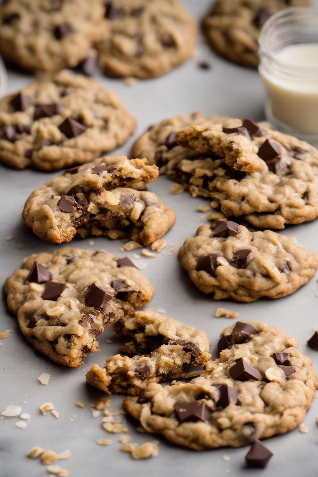 A high-resolution photo of golden brown butter chewy oatmeal chocolate chip cookies broken in half under soft lighting.