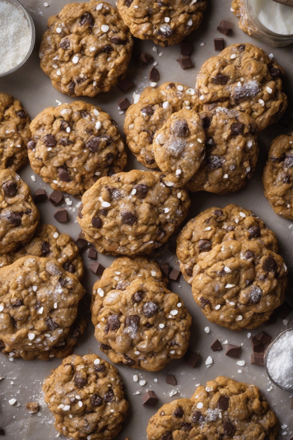 A high-resolution photo of pumpkin spice chewy oatmeal chocolate chip cookies dusted with powdered sugar under soft lighting.