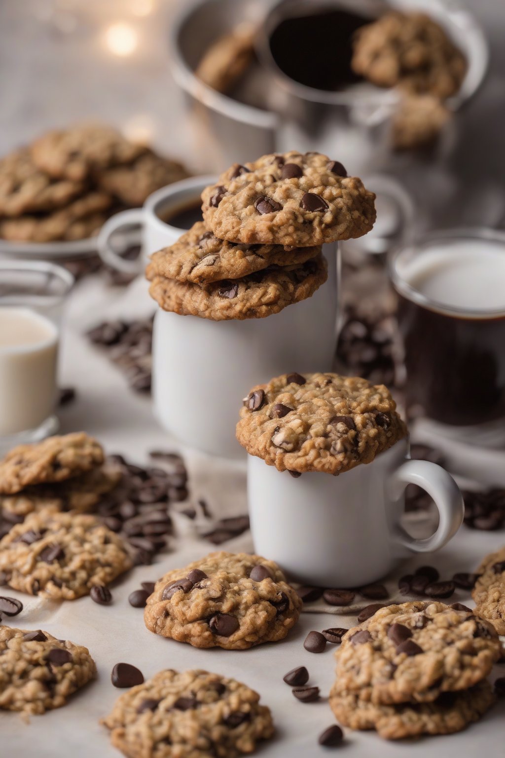 A high-resolution photo of coffee-infused chewy oatmeal chocolate chip cookies beside a mug under soft lighting.