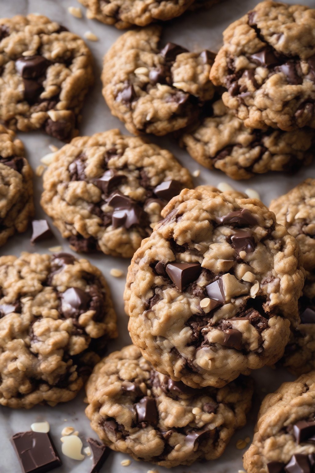 A high-resolution photo of dark chocolate chunk chewy oatmeal cookies with oozing centers under soft lighting.