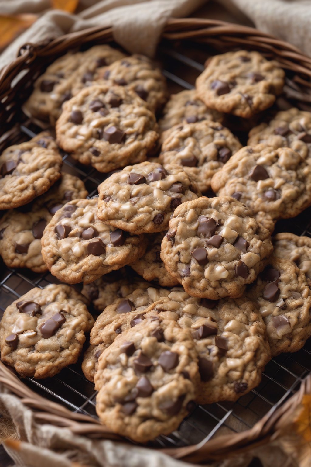 A high-resolution photo of maple-glazed chewy oatmeal chocolate chip cookies in a basket under soft lighting.