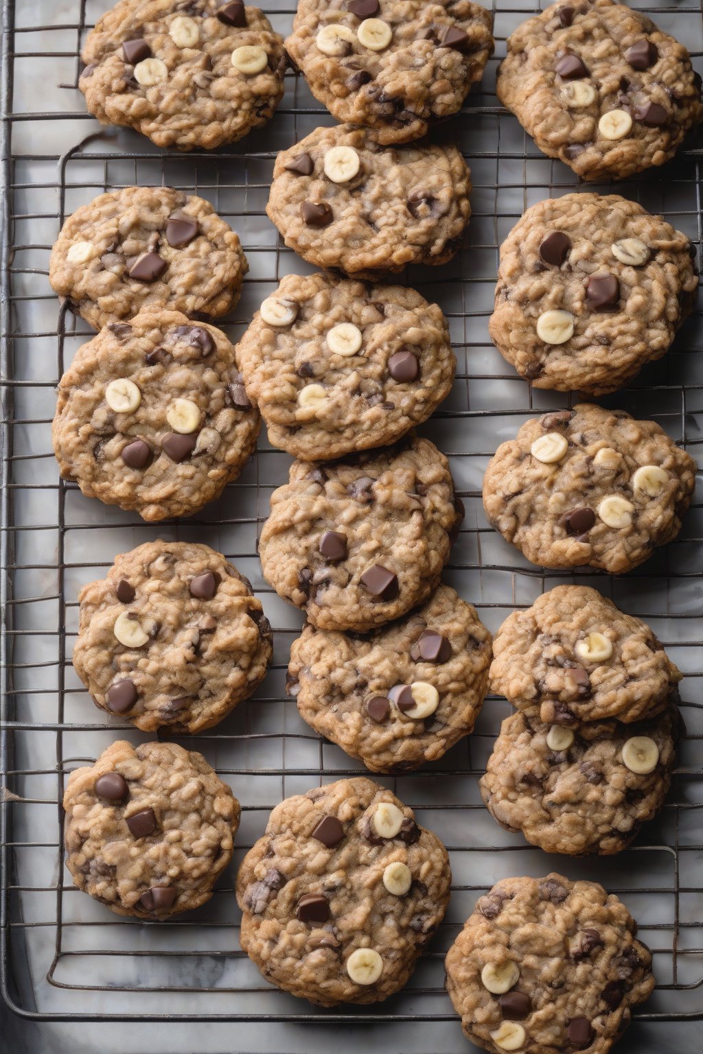 A high-resolution photo of banana-speckled chewy oatmeal chocolate chip cookies on a cooling rack under soft lighting.