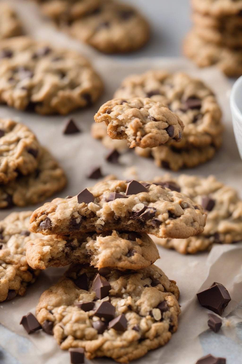 A high-resolution photo of gluten-free chewy oatmeal chocolate chip cookies piled high under soft lighting.