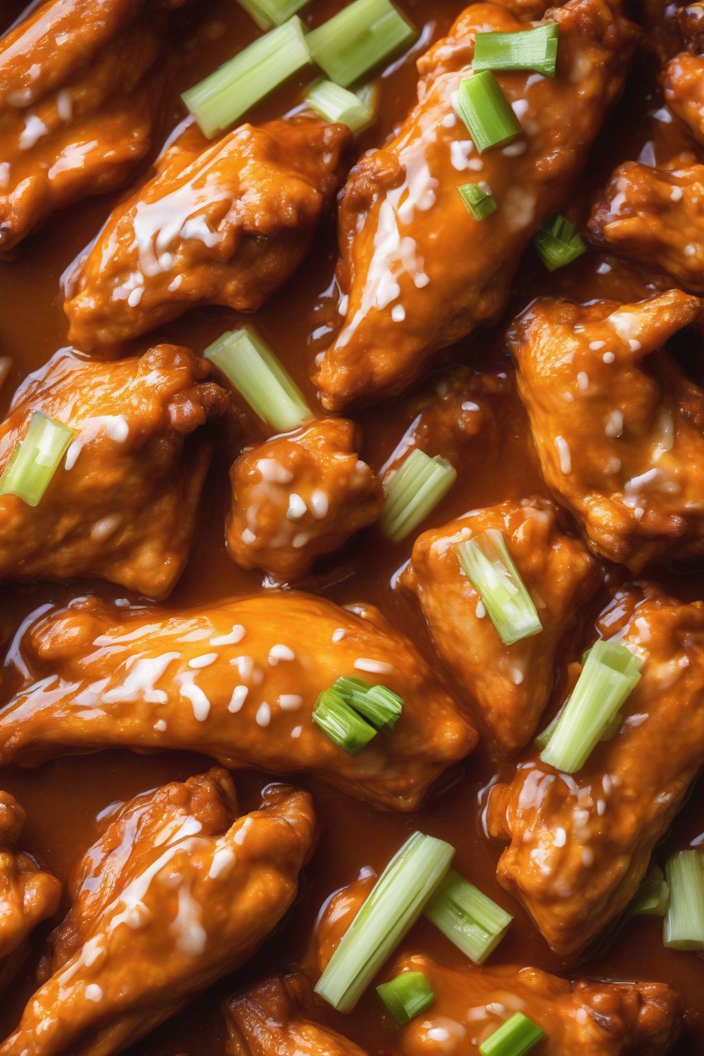 A high-resolution close-up photo of golden-brown buffalo chicken wings glistening with sauce, celery sticks nearby, under soft lighting.