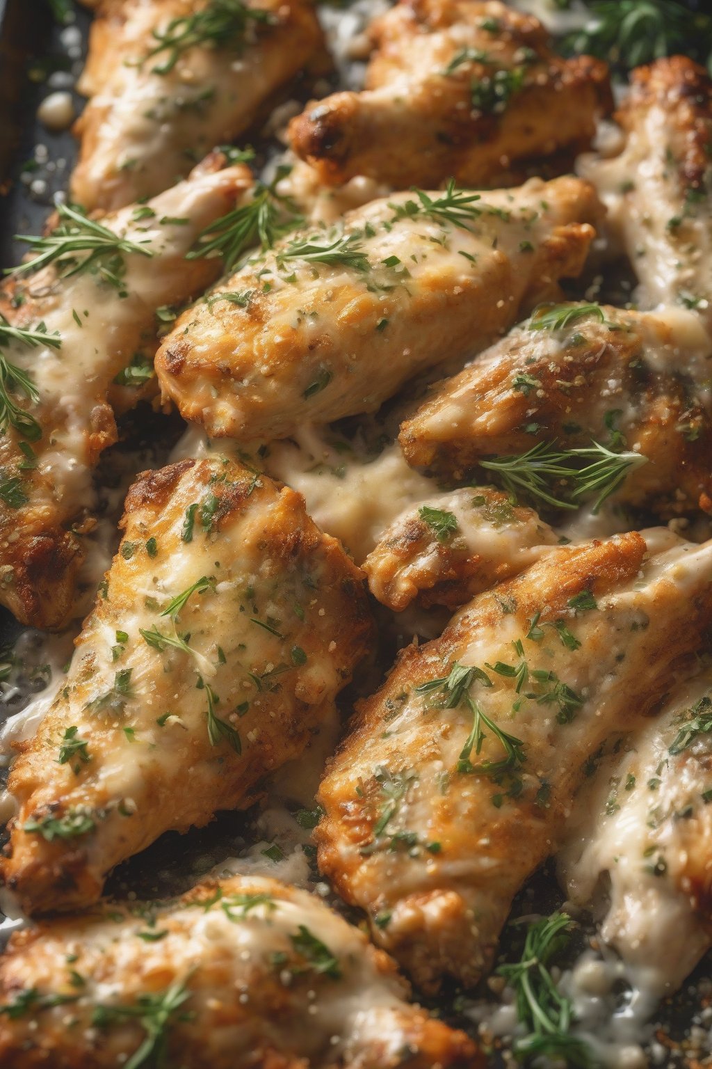 A high-resolution close-up photo of cheesy garlic parmesan chicken wings dusted with herbs, steam rising, under soft lighting.