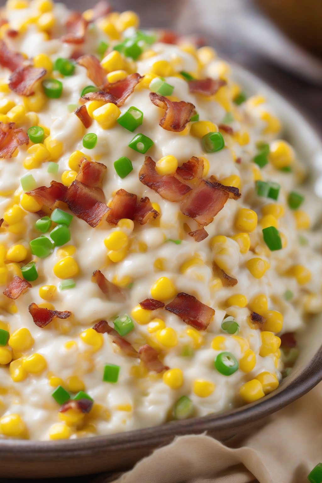 A high-resolution photo of bacon-infused sweet kernel cream corn scattered with green onions, creamy and studded with bacon bits under soft lighting.