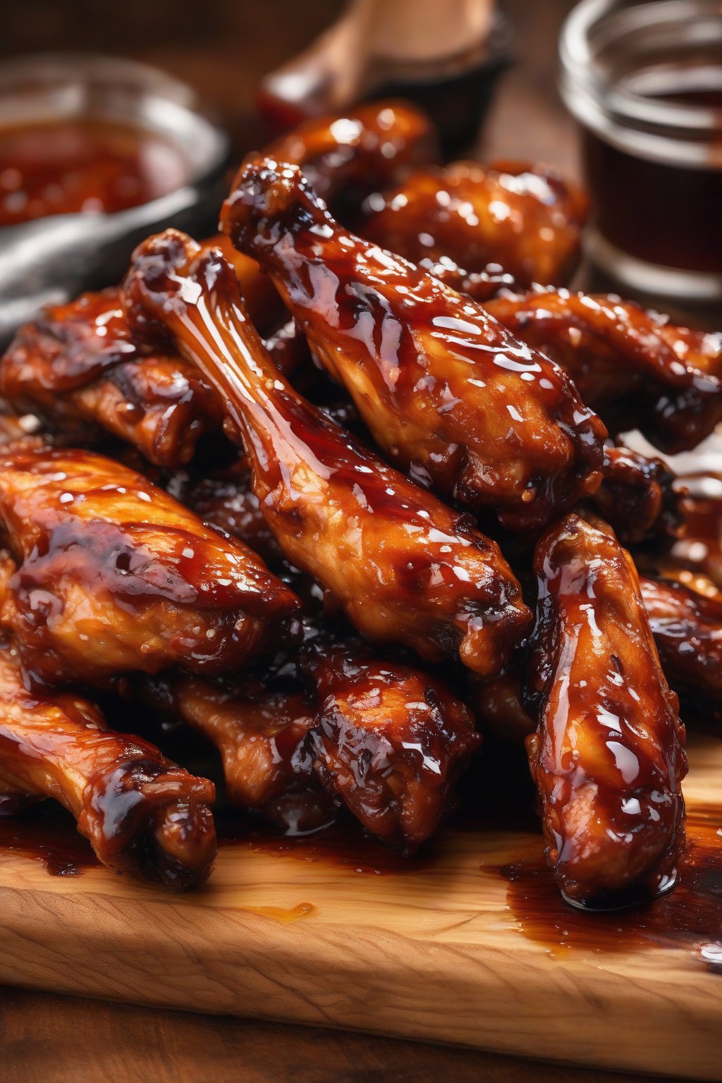 A high-resolution close-up photo of glossy honey BBQ chicken wings with charred edges, on a wooden board, under soft lighting.