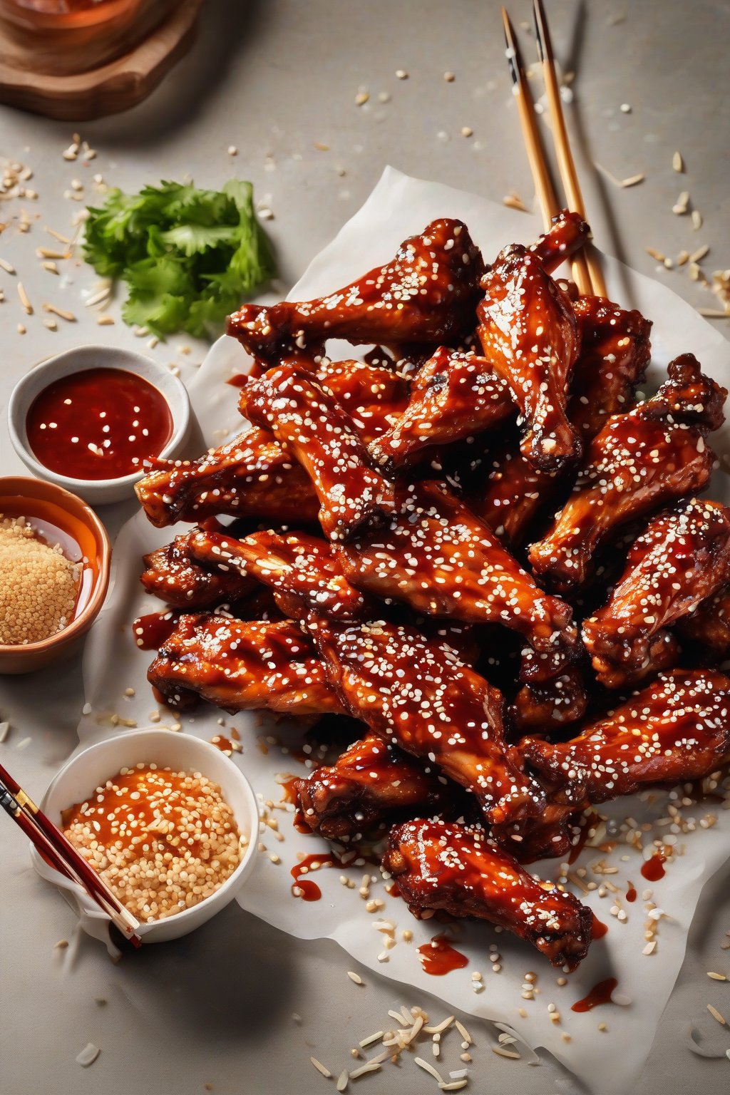 A high-resolution close-up photo of red-sauced gochujang chicken wings sprinkled with sesame, chopsticks holding one, under soft lighting.