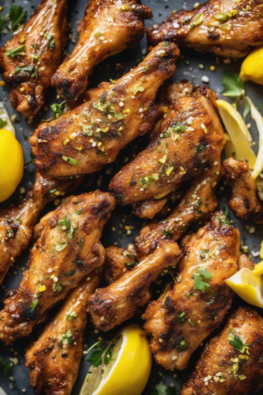 A high-resolution close-up photo of lemon pepper chicken wings with yellow zest flecks, lemon wedges aside, under soft lighting.