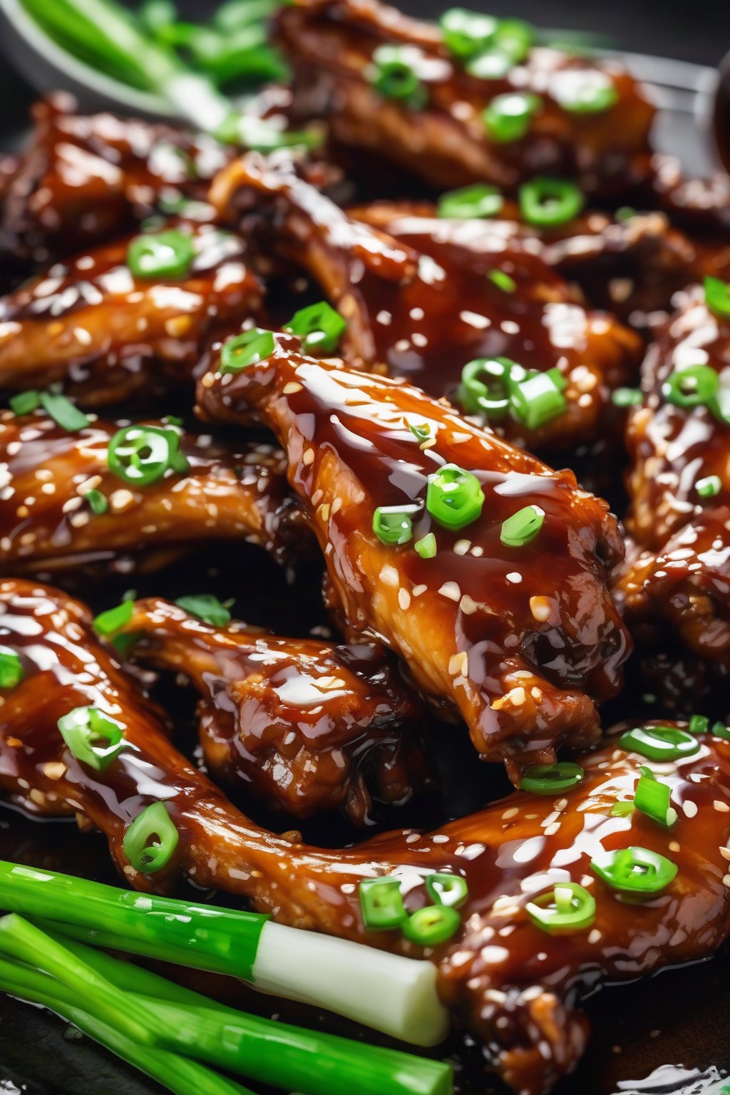 A high-resolution close-up photo of shiny teriyaki chicken wings with green onion garnish, sauce dripping, under soft lighting.