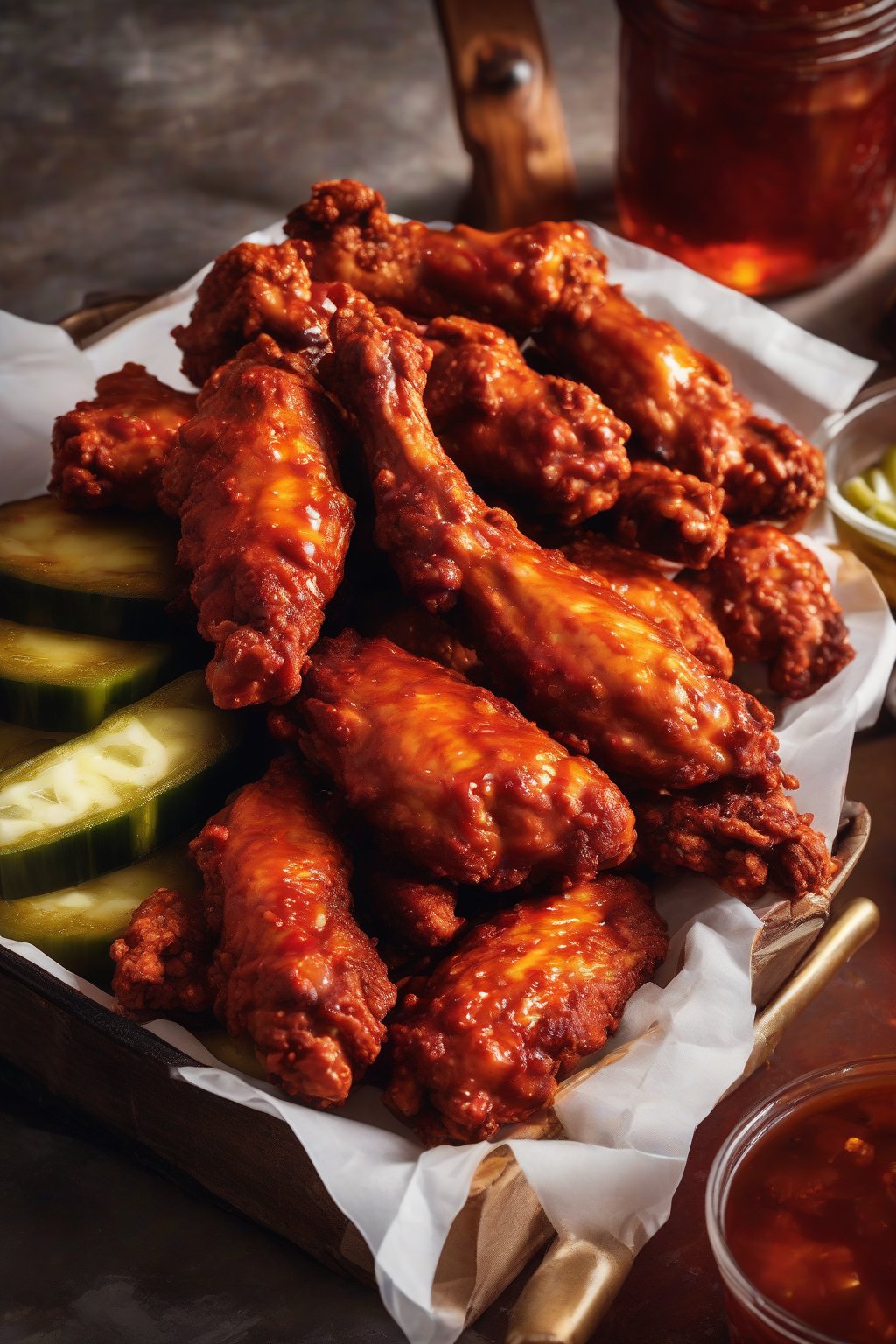 A high-resolution close-up photo of fiery red Nashville hot chicken wings, pickles on side, under soft lighting.