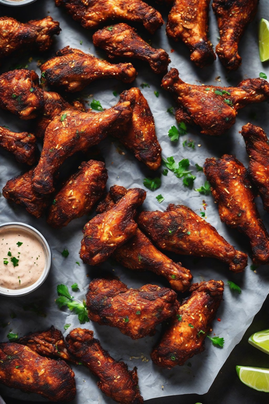A high-resolution close-up photo of spice-rubbed Cajun chicken wings with dark crust, sauce dip nearby, under soft lighting.